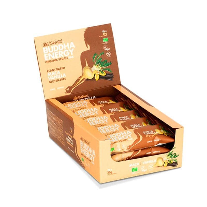 Buddha Energy Bar Maca e Baunilha Iswari em pack de 15 barras de 35 g.

