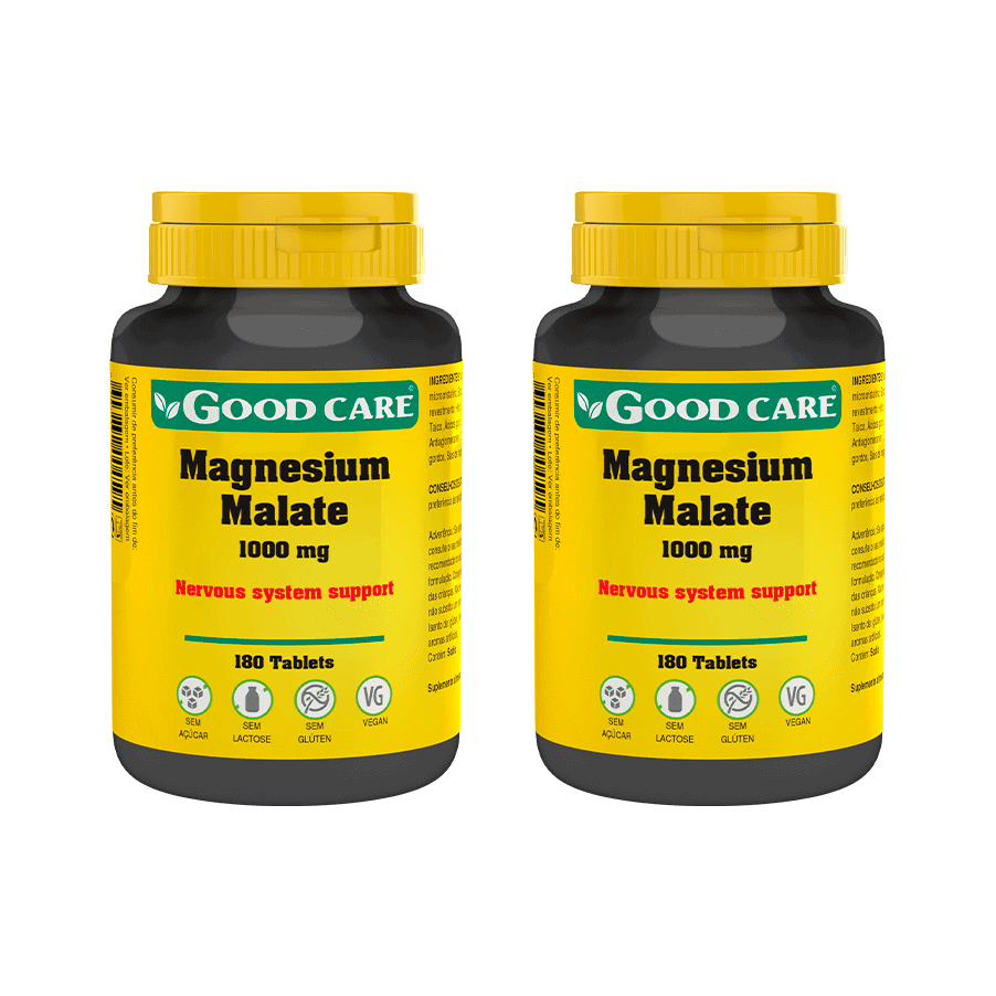 Magnésio Malato 1000 mg Good Care em pack de 2 embalagens com 180 comprimidos cada.