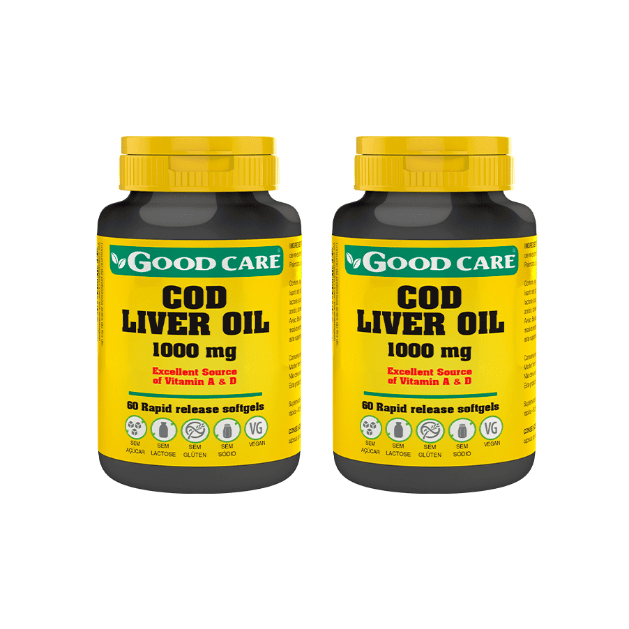 O Óleo de Fígado de Bacalhau 1000 mg Good Care é um suplemento alimentar em cápsulas moles que fornece óleo de fígado de bacalhau.