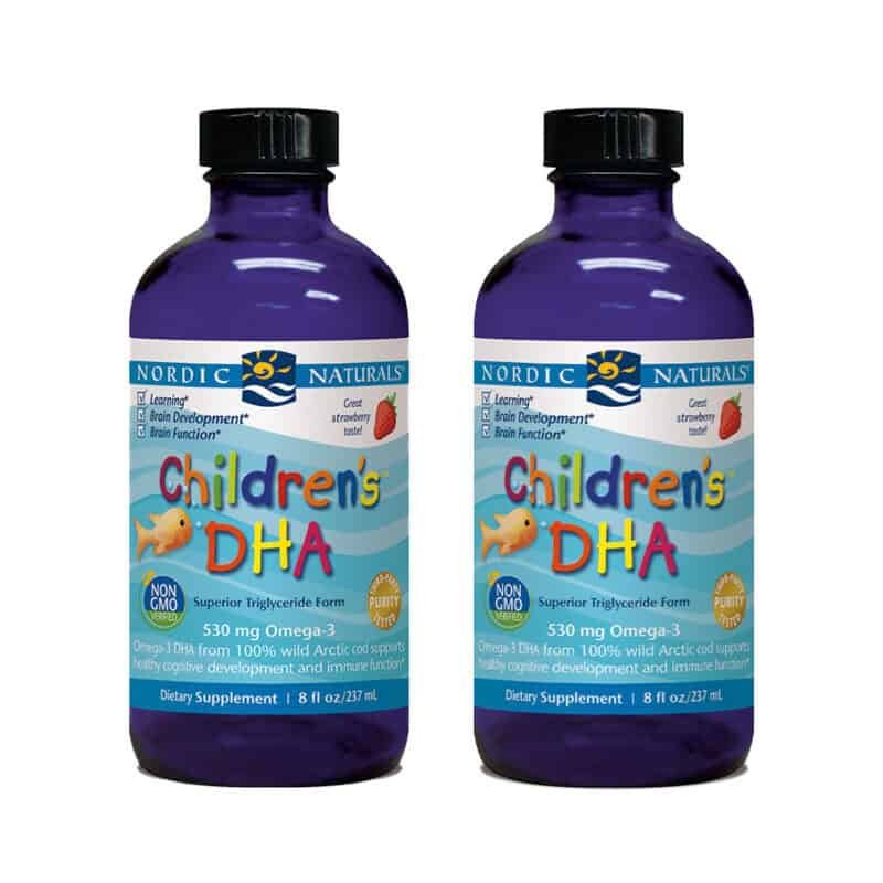 O Children’s DHA Nordic Naturals é um suplemento alimentar líquido formulado a partir de óleo de fígado de bacalhau do Ártico.