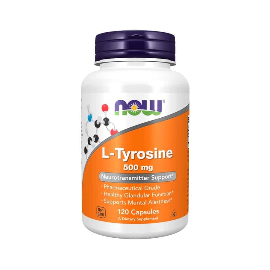 O L-Tyrosine 500 mg Now melhora o foco mental, apoia a função da tiroide e aumenta a resistência ao stress, promovendo energia e equilíbrio emocional.