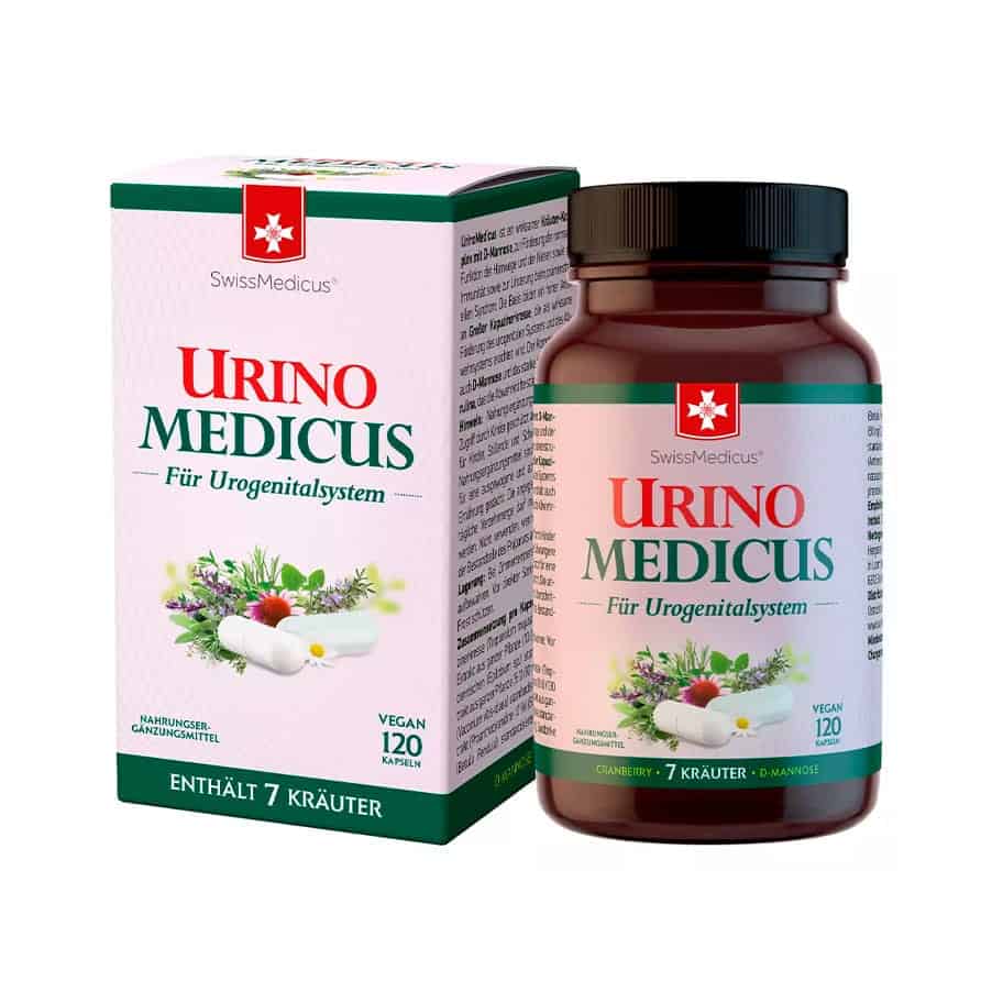 UrinoMedicus é um complexo herbal eficaz com D-manose que auxilia na função urinária e renal normal, na imunidade e alivia a síndrome pré-menstrual.