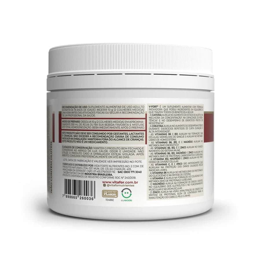 Suplemento alimentar em pó formulado para complementar a alimentação antes do exercício físico. A sua composição combina beta-alanina, creatina, L-carnitina, L-arginina e cafeína com vitaminas B6, B12, C e E, magnésio e zinco.