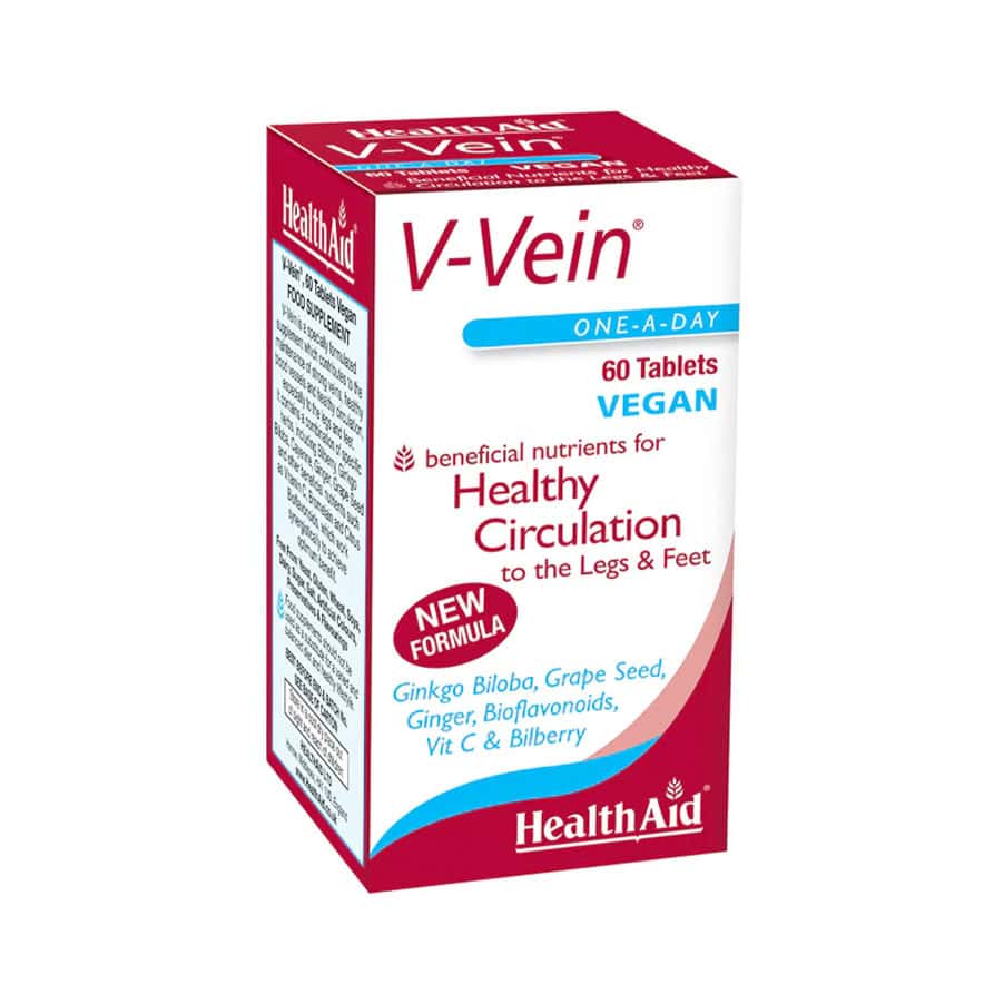V-Vein 60 Comprimidos Health Aid, suplemento com grainha de uva, ginkgo biloba, gengibre, mirtilo, bromelaína, pimenta caiena, bioflavonoides cítricos e vitamina C.