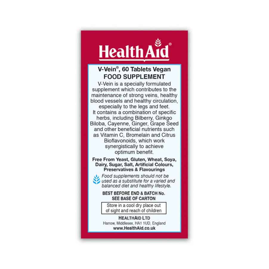V-Vein 60 Comprimidos Health Aid, suplemento com grainha de uva, ginkgo biloba, gengibre, mirtilo, bromelaína, pimenta caiena, bioflavonoides cítricos e vitamina C.