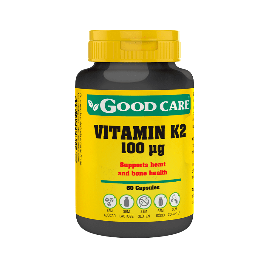 Vitamina K2 100 µg Good Care em embalagem de 60 cápsulas.