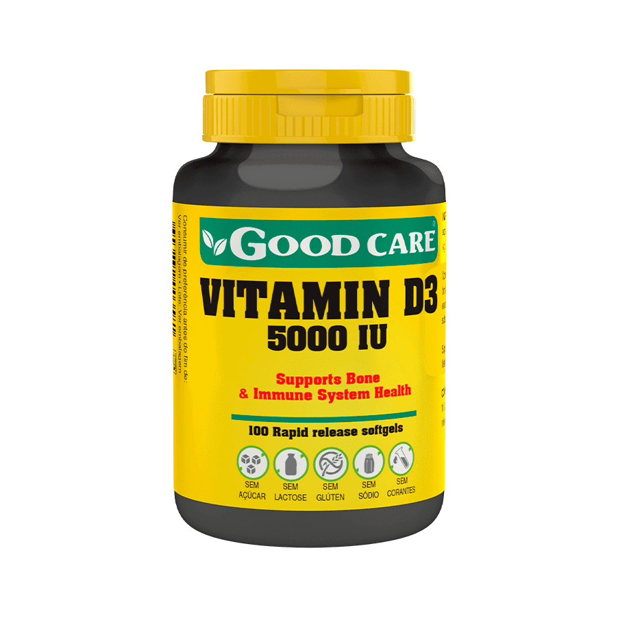 Vitamina D3 5000 IU Good Care em embalagem de 100 cápsulas.