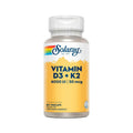 Frasco de suplemento Solaray Vitamina D3 4000UI + K2 50mcg com 60 cápsulas, suporte para ossos fortes, imunidade e saúde cardiovascular.