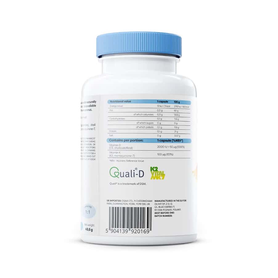 Vitamina D3 + K2 2000IU + 100mcg 120 Cápsulas Osavi, suplemento com vitamina D3 Quali®-D e vitamina K2 K2VITAL® em óleo MCT de coco.