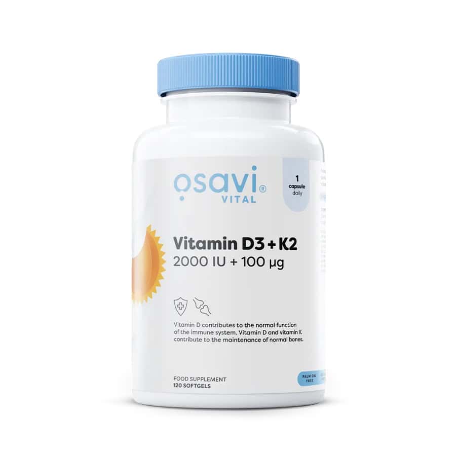 Vitamina D3 + K2 2000IU + 100mcg 120 Cápsulas Osavi, suplemento com vitamina D3 Quali®-D e vitamina K2 K2VITAL® em óleo MCT de coco.