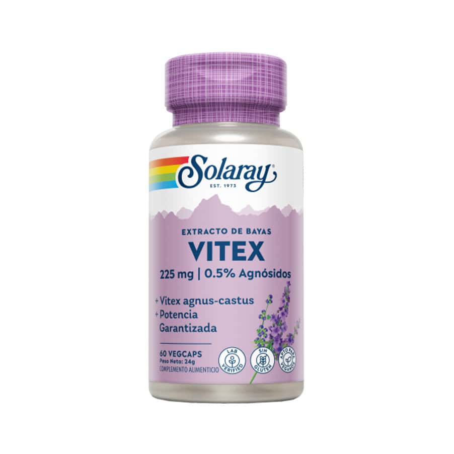 Frasco de suplemento Solaray Vitex 225mg com 60 cápsulas, extrato de angélica-vitex para equilíbrio hormonal feminino e bem-estar menstrual.