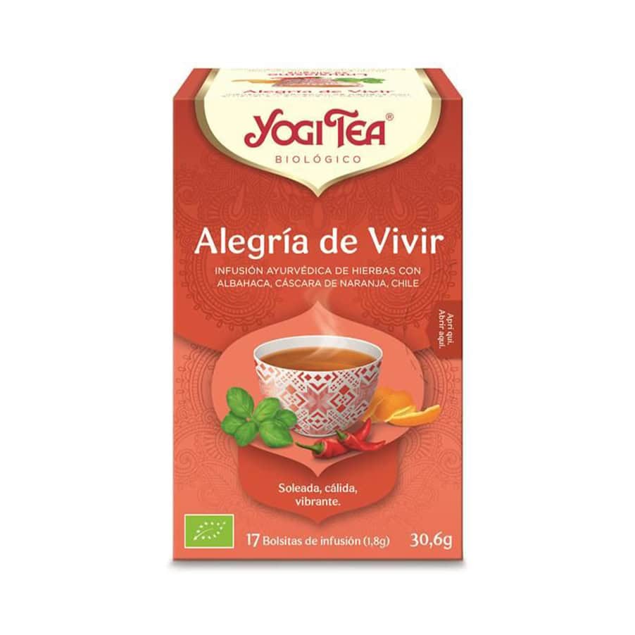 Chá biológico Yogi Tea Alegria de Viver em embalagem de 17 saquetas, infusão aromática com ervas e especiarias revigorantes.