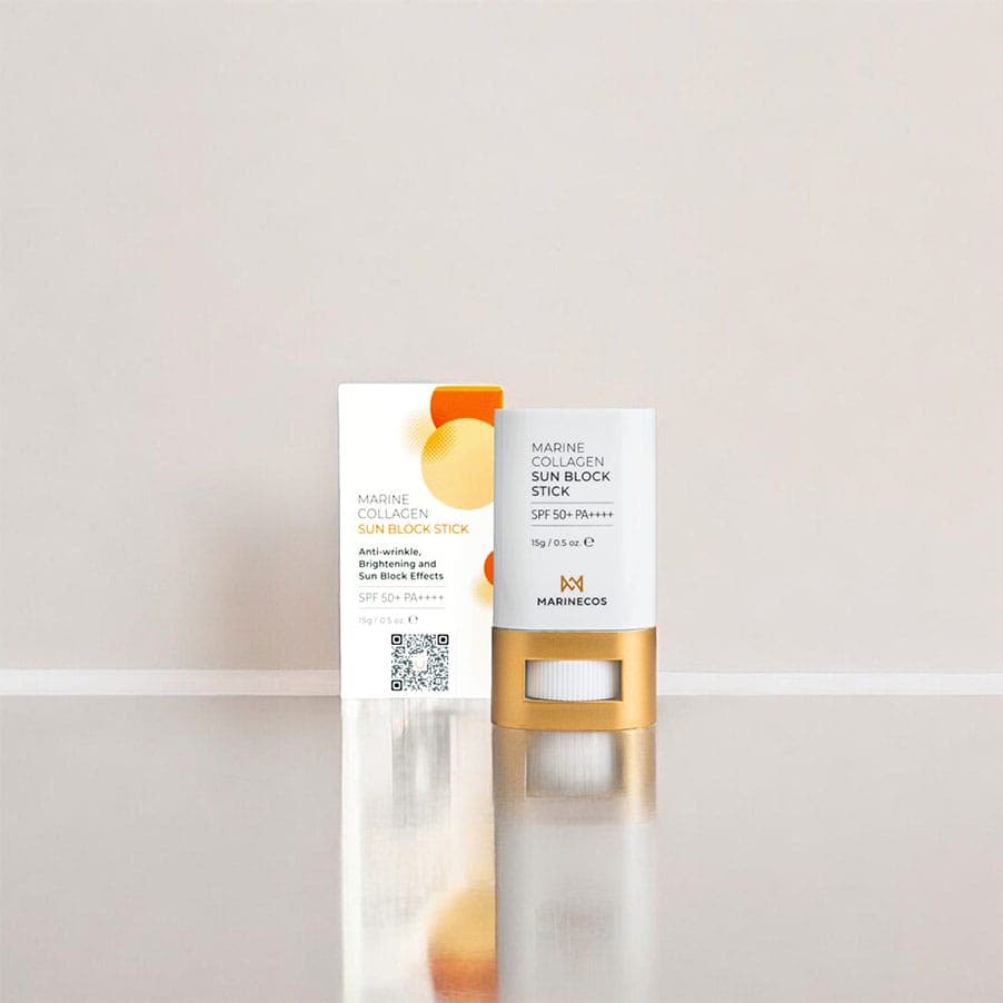 Marine Collagen Sun Block Stick SPF 50+ 15gr Marinecos, protetor solar em stick com colagénio marinho, centella asiática e proteção UVA/UVB.