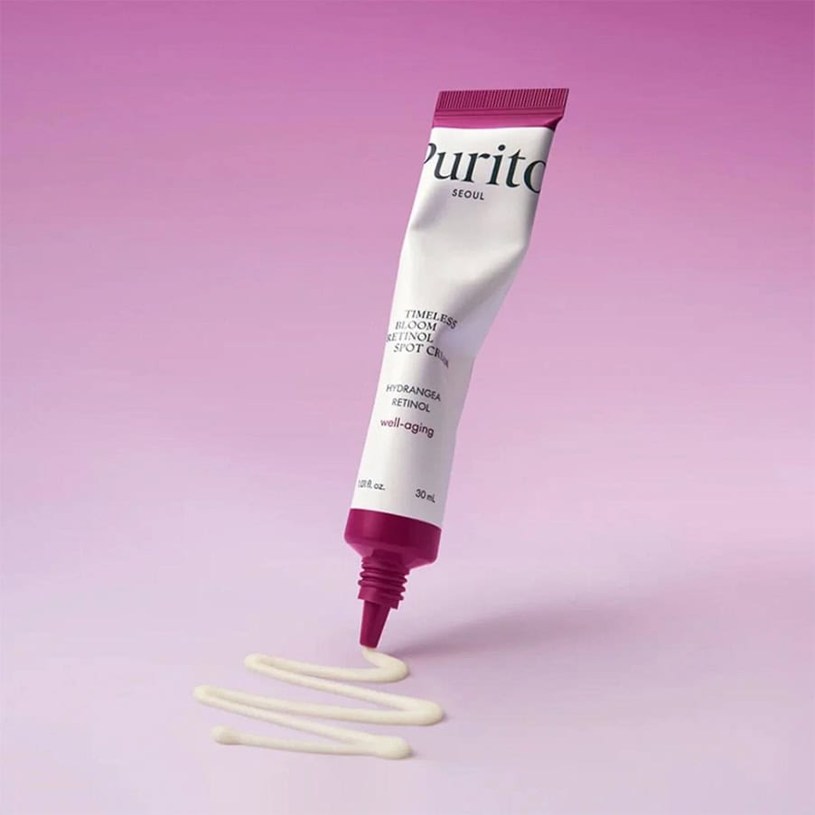 Creme localizado Timeless Bloom Retinol Spot Cream 30ml da Purito Seoul com retinol, bakuchiol e extrato de hortênsia.
