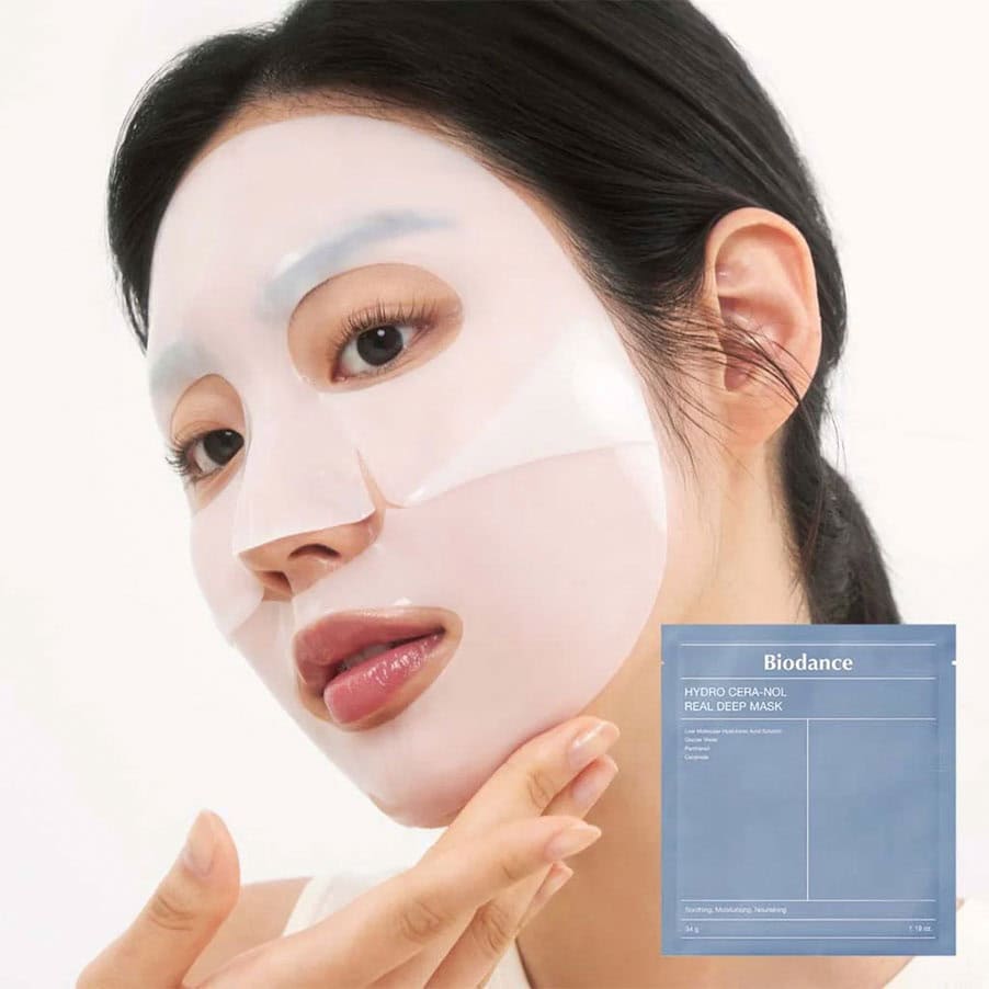 Máscara Real Deep Hydro Cera-Nol 34gr Biodance, máscara facial de hidrogel com água glaciar, pantenol, ceramidas e ácido hialurónico para hidratação intensa.