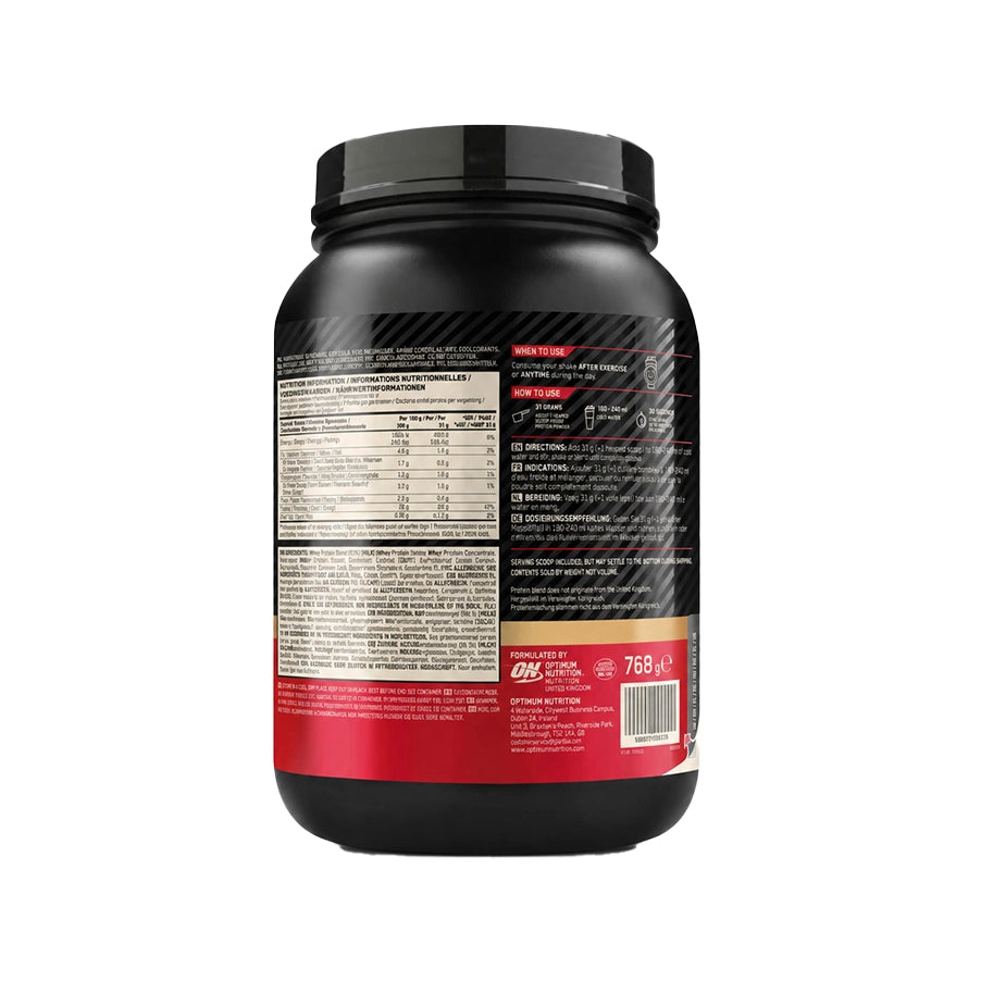 Whey Gold Standard Chocolate e Avelã 768gr Optimum Nutrition, proteína whey em pó para apoio ao crescimento e manutenção da massa muscular.