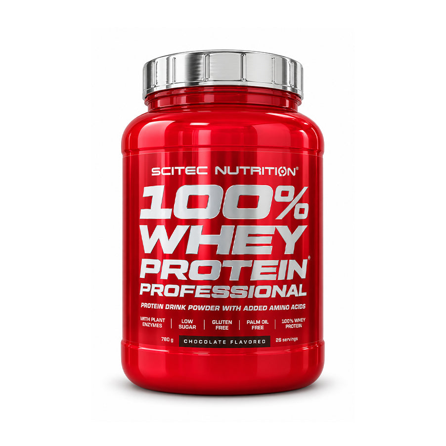 100% Whey Protein Professional chocolate 780 g da Scitec Nutrition, proteína de soro de leite em pó com sabor a chocolate.
