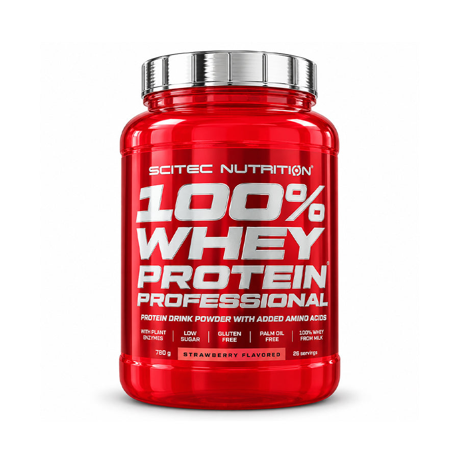 100% Whey Protein Professional morango 780 g da Scitec Nutrition, proteína de soro de leite em pó com sabor a morango.
