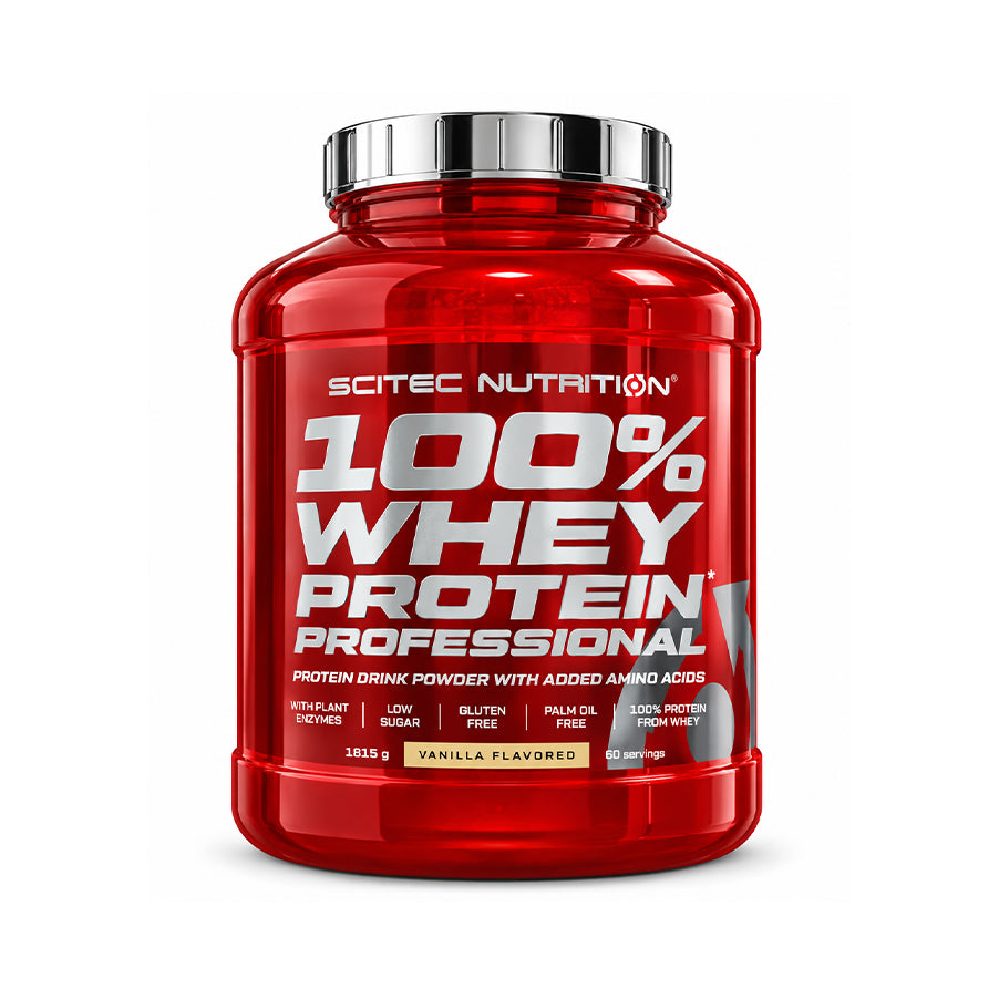 100% Whey Protein Professional baunilha 1815 g da Scitec Nutrition, proteína de soro de leite em pó com sabor a baunilha.
