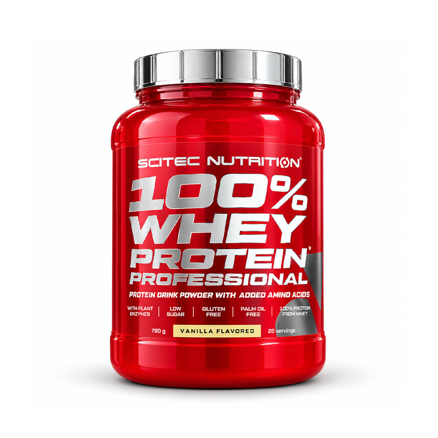 100% Whey Protein Professional baunilha 780 g da Scitec Nutrition, proteína de soro de leite em pó com sabor a baunilha.
