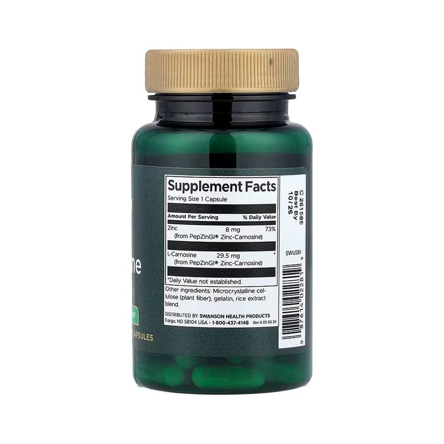 Zinc Carnosine 60 Cápsulas Swanson, suplemento com PepZinGI®, zinco e L-carnosina para apoio ao bem-estar gástrico e digestivo.