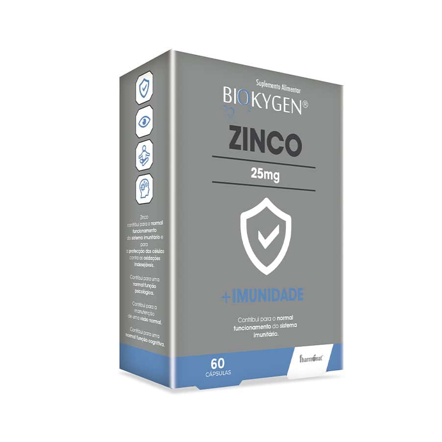 Zinco 25mg 60 Cápsulas Biokygen, suplemento alimentar com gluconato de zinco para complementar a rotina diária.
